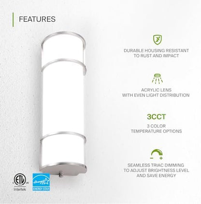 ASD LED 18" Vanity Flush Mount Light Fixture, Linear Bathroom Lighting Bar | 3CCT, Dimmable, Energy Star, ETL Listed | 20W 1650LM 3000-5000K 120V | Long Bath Wall Sconce Over Mirror | Nickel, 4 Pack