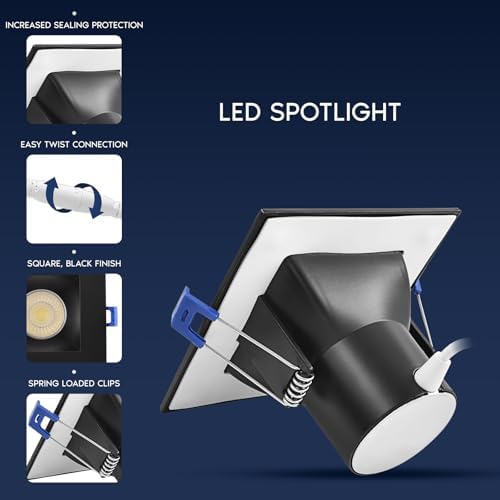 LUXRITE 4 Inch Square LED Recessed Ceiling Light with J-Box, CRI90, 12W, 5CCT Selectable 2700K-5000K, 840 Lumens, Dimmable Canless Downlight, Wet Rated, IC Rated, ETL, Black Trim (4 Pack)