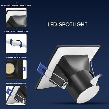 LUXRITE 4 Inch Square LED Recessed Ceiling Light with J-Box, CRI90, 12W, 5CCT Selectable 2700K-5000K, 840 Lumens, Dimmable Canless Downlight, Wet Rated, IC Rated, ETL, Black Trim (4 Pack)