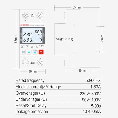 WiFi Smart Energy Meter AC 63A 220VAC, WiFi Earth Leakage Over Under Voltage Protector, Circuit Breaker Din Rail, Electricity Energy Monitor APP Remote Control Smart Life