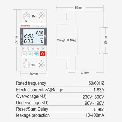 WiFi Smart Energy Meter AC 63A 220VAC, WiFi Earth Leakage Over Under Voltage Protector, Circuit Breaker Din Rail, Electricity Energy Monitor APP Remote Control Smart Life