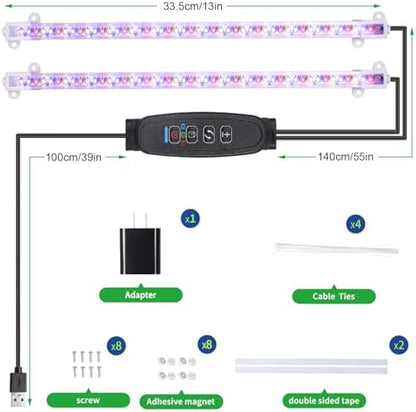 RWNTAO Two Strip Growing Lamp for Indoor Plants, Red & Blue & Yellow Full Spectrum LED Grow Light Strips with Auto ON/Off 3/9/12H Timer,10 Dimmable Levels for Green House Succulent (2 Head 13 in)