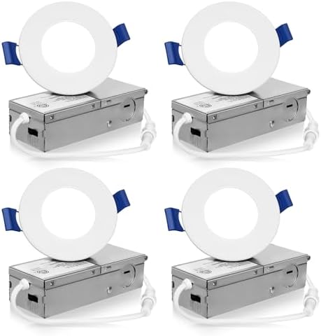 Meconard 4 Pack 3 Inch 5CCT LED Recessed Ceiling Light with Junction Box, 2700K/3000K/3500K/4000K/5000K Selectable Ultra-Thin Lighting, Dimmable 6W=60W, 500LM, IC Rated Can-Killer Downlights, ETL