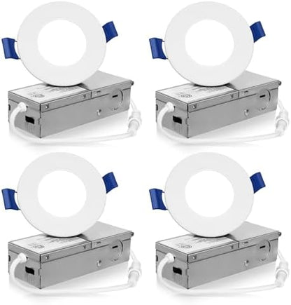 Meconard 4 Pack 3 Inch 5CCT LED Recessed Ceiling Light with Junction Box, 2700K/3000K/3500K/4000K/5000K Selectable Ultra-Thin Lighting, Dimmable 6W=60W, 500LM, IC Rated Can-Killer Downlights, ETL