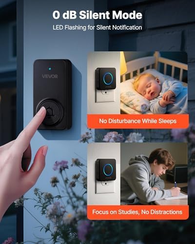 VEVOR Wireless Doorbell Kit, IP54 Waterproof Door Chime Ranges up to 1000 ft, 5 Adjustable Volumes, 48 Ringtones, Easy Installation, Wireless Doorbell Ideal for Home, Doorway, Classroom, Office, Black
