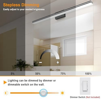 SineRise LED Modern Bathroom Vanity Light Bar (48-Inch, 3000K/4000K/6000K), Matte Black Dimmable Modern Acrylic Bathroom Wall Lighting Fixtures Over Mirror