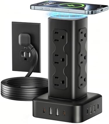 PD65W Power Strip Tower with 12 AC Outlets & 8 USB Ports(4 USB C), 6FT Cord