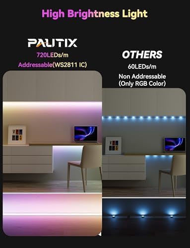 PAUTIX RGB Smart IC COB LED Strip Lights,Work with Alexa/Google Assistant,24ft/7.5m,720LEDs/m Addressable UL-Listed 24V Chasing Color Flexible Tape Light,for Cabinet,TV,Bedroom,Party DIY Decoration