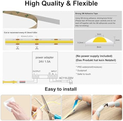 Pandery COB led Strips Lights,DC24V Outdoor led Strip,Cool White 6000K,320LEDs/M,8MM Wide,16.4ft/5M,CRI90+ IP65 Waterproof Strips Light for Bathroom Decor,Pool,Aquariums(Not Included Power)