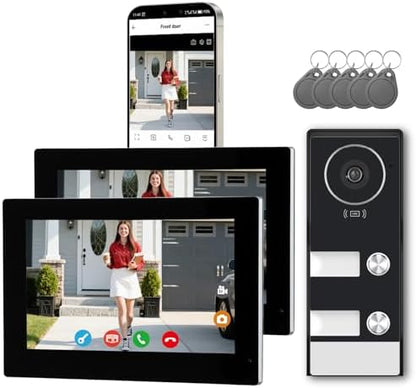 Smart Home Video Intercom System,Wired Video Doorbell with 2X 7-inch Touch Screens,Remode Unlocking via App/RFID,Two-Way Audio,Night Vision,WIFI6 2.4/5GHz,2 Unit Household