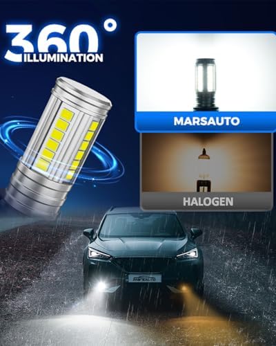 Marsauto H11/H8 LED Fog Light Bulb, 12,000 LM 600% Brightness H8 H16 Fog Light Bulbs, 360° Illumination Upgraded 60 Pcs Chips, 6500K White 1:1 Mini Size H11 Led Fog Lights Pack of 2