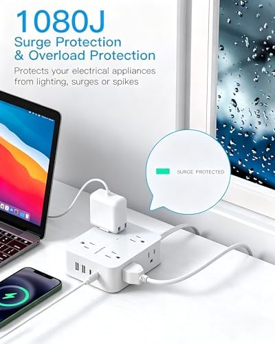 25 Ft Extra Long Extension Cord, 1080J Surge Protector Power Strip HANYCONY