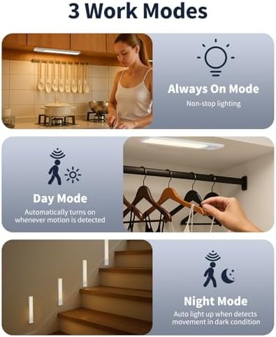 Under Cabinet Lighting, 12 Inch Motion Sensor Light Indoor, 1800mAh USB Rechargeable Closet Light, 3 Color Temperature Operable LED Lights, Can Be Used for Wardrobes, Cabinets, Stairs (3 Pack)