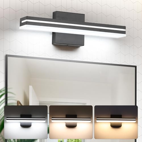SineRise LED Modern Bathroom Vanity Light Fixtures (16-Inch, 3000K/4000K/6000K, Dimmable), Matte Black Modern Acrylic Bathroom Wall Lighting Fixtures Over Mirror