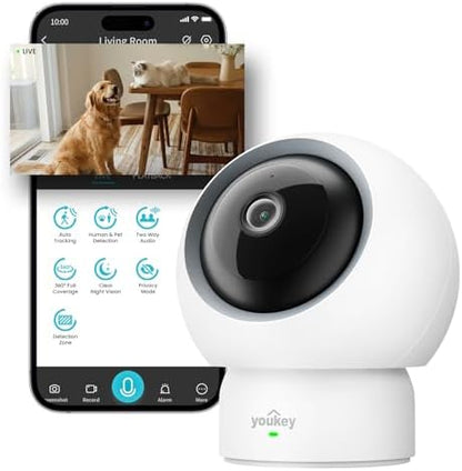youkey 2.5K Indoor Pet Security Camera, Two-Way Audio Chat to Your Pets, AI Pet/Human Detection, 360° AI Human Tracking, Privacy Mode, No Monthly Fees, Night Vision, WiFi 6（2.4GHz & 5GHz）