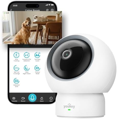 youkey 2.5K Indoor Pet Security Camera, Two-Way Audio Chat to Your Pets, AI Pet/Human Detection, 360° AI Human Tracking, Privacy Mode, No Monthly Fees, Night Vision, WiFi 6（2.4GHz & 5GHz）