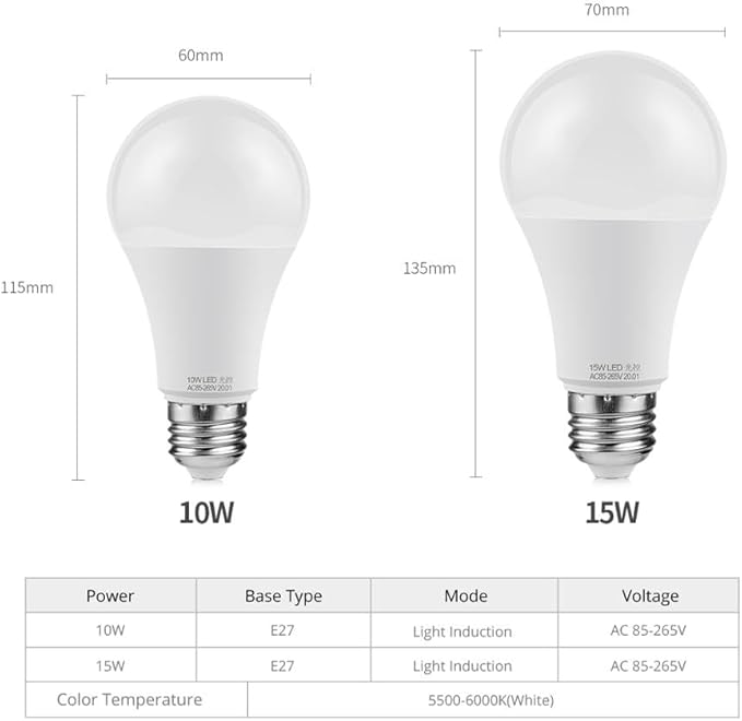 YSJX Lights, Pack of 5, LED Dusk to Dawn Night Bulb, AC85-265V 10W/15W Sensor Smart Lamp, Auto Switch ON/Off Garden Lighting, Household Bulbs(10W)