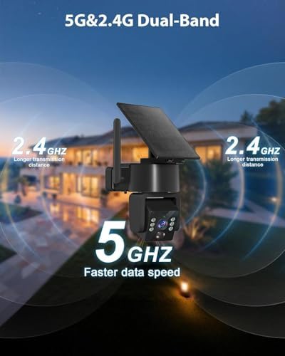 5G & 2.4G Wi-Fi Outdoor Camera Wireless,Solar Security Cameras Wireless Outdoor, 2K 360° PTZ Camera, Solar/Battery Powered, PIR Human Detection, Color Night Vision,Two-Way Talk, Compatible with Alexa