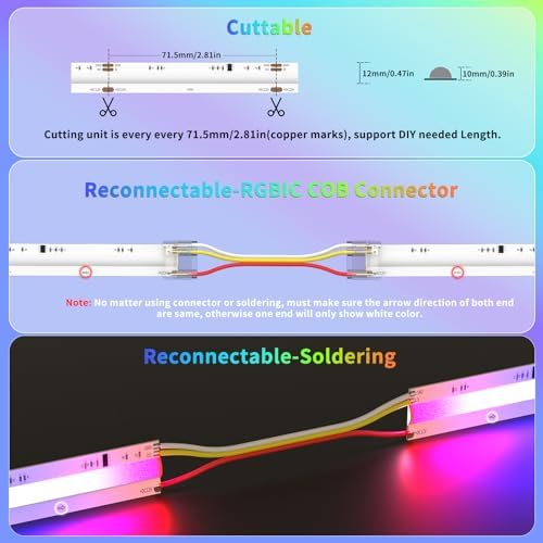 RGB Smart IC COB LED Strip Light 18ft Addressable Chasing Color 12V LED Light Strip Multicolored Flexible RGB Lights for Party, Decoration, Home DIY Lighting Projects(NO Adapter or Controller)