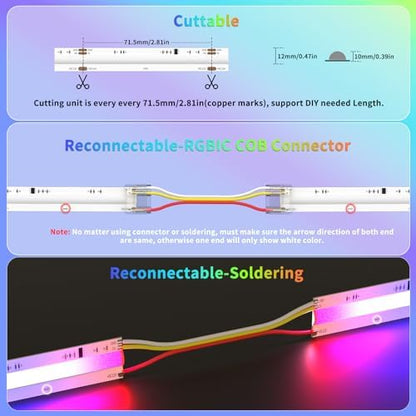 RGB Smart IC COB LED Strip Light 18ft Addressable Chasing Color 12V LED Light Strip Multicolored Flexible RGB Lights for Party, Decoration, Home DIY Lighting Projects(NO Adapter or Controller)