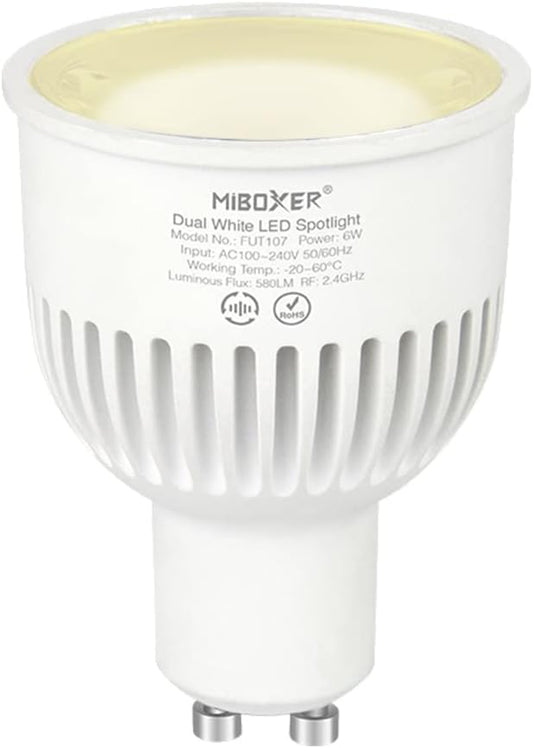 LGIDTECH FUT107 Miboxer 6W LED Spotlight Bulb GU10 WW+CW,Warm White+Cool White Color Dual White CCT Temperature Adjustable,Memory Function.All Controller is Sold Separately