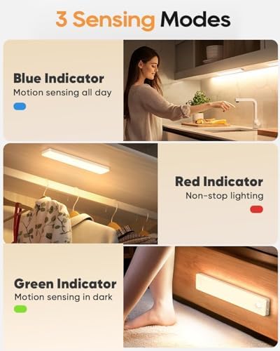 6 Pack 13inch Under Cabinet Lighting, 3 Color Temperatures Motion Sensor Light Indoor, USB Rechargeable Battery Operated Closet Lights, Dimmable LED Cabinet Lights, Under Counter Light for Kitchen
