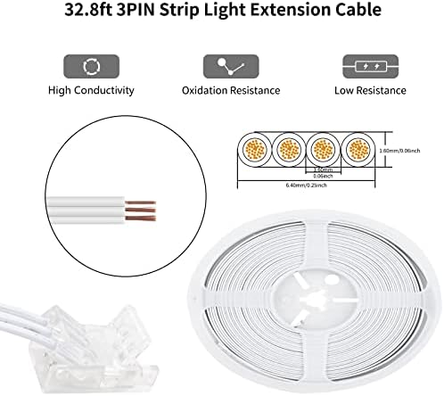 RGBZONE 10Pcs 3 Pin 8mm LED Strip Connector Kit with 32.8ft Extension Wire