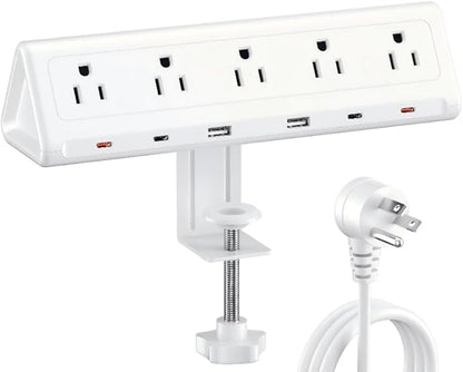 10 FT Desk Clamp Power Strip with 5 AC Outlets & 6 USB Ports PD 40W USB-C Fast Charging, 1250J Surge Protector, Fits 2.1 in top Edge White