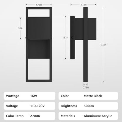 2-Pack Modern Outdoor Wall Lights, LED Black Porch Light, 3000K