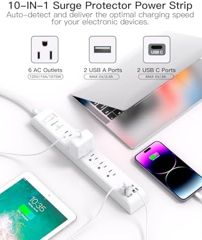 2 Pack Extension Cord 15FT, Power Strip Surge Protector with 6 Outlets and 4 USB Ports (2 USB C), Flat Plug Overload Protection, Extension Cord with Multiple Outlets, Wall Mount for Home Dorm College