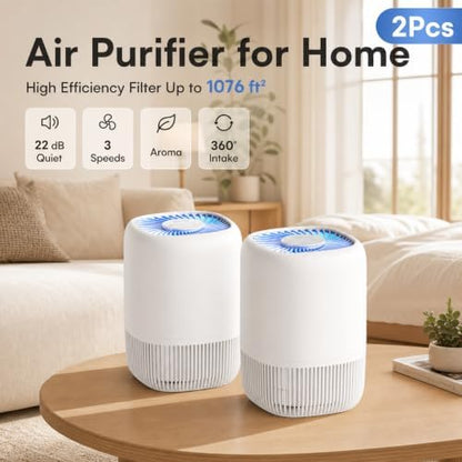2-Pack of Air Purifiers for Home and Bedroom, Up to 1,076 Sq. Ft. Each, for Pet Hair, Odors, Pollen and Smoke, 3 Speeds, Timer, Aroma Function, 22 dB Sleep Mode, 360° Air Intake, White
