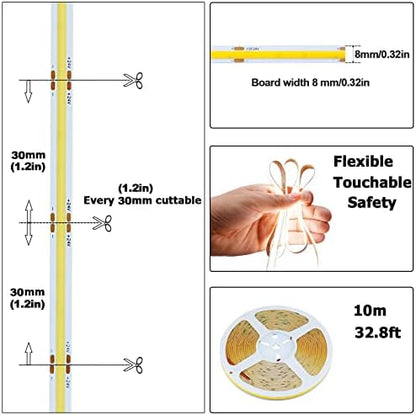 32.8ft 24V COB LED Strip Natural White 4000K 3840LEDs CRI 93+ 6800lm