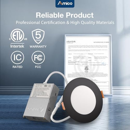 Amico 48 Pack 4 Inch LED Recessed Lighting, Canless Wafer Downlight, Black