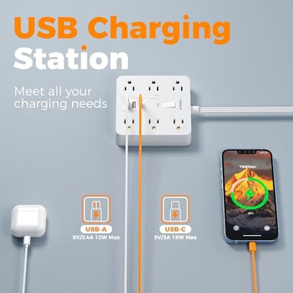 TESSAN Surge Protector Power Strip, 10Ft Flat Plug Extension Cord, White