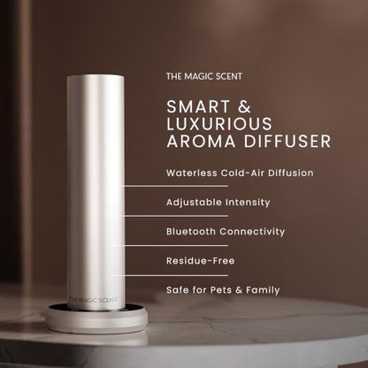 The Magic Scent Bluetooth Diffuser - Smart Ultra-Quiet Cold-Air Waterless Scent Diffuser for Home, Hotel, & Office - Programmable Intensity & Timer - Premium Aroma Oil Included (Silver)