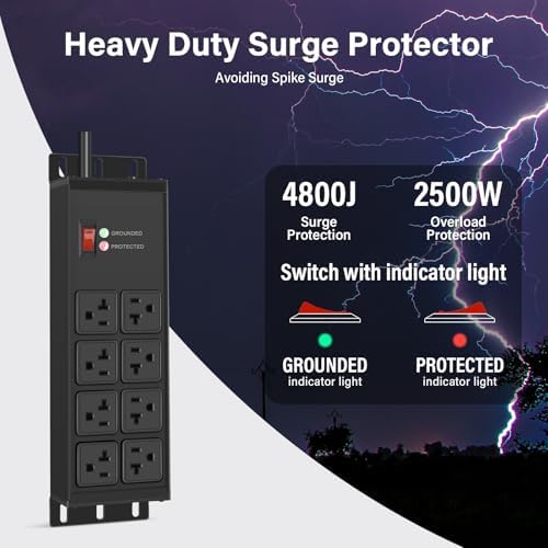 CCCEI 12 Gauge Heavy Duty Power Strip, Magnetic, 8 Ports. Black, 10FT, 1