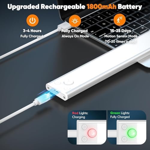 Under Cabinet Lighting, 5-Pack 10 inch 2200mAh Rechargeable Battery Operated Motion Sensor Lights Indoor, Wireless Dimmable Magnetic Under Counter Closet Night Lights for Kitchen, Stair