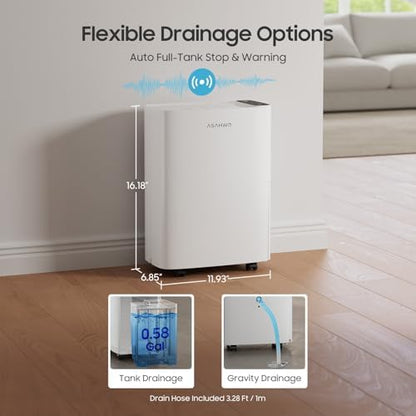 ASAHWo 2500 Sq.Ft Dehumidifier for Basement with Drain Hose MAX 34 Pints, Dehumidifiers for Home, Bathroom, Bedroom, 4 Pre-Set Modes, Intelligent Humidity Control, Dry Clothes Quiet Operation