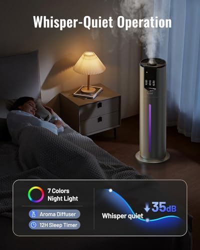 Lacidoll 8L Humidifiers for bedroom up to 500 sq ft, Easy to Clean Humidifier with Washable Parts, Ultrasonic Cool Mist Humidifier for Home Plants Baby Nursery Office, Dark Grey