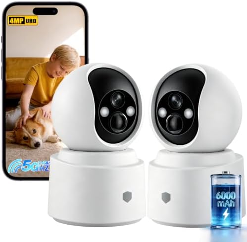 Noonkey Wireless Surveillance Cam Indoor, 4MP HD Battery-Powered Camera with 6000mAh Battery, 5G&2.4G WiFi6, AI Motion Detection, 2-Way Audio, Color Night Vision for Home Security/Baby/Pet, 3K/2-Pack