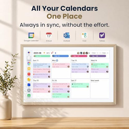 21.5-Inch Smart Digital Calendar & Photo Frame for Family, Wood Frame Large Wall Planner with Auto-Sync to Apple, Google & Outlook, Touchscreen Display with Chore Chart, To-Do Lists & Meal Planner, No Subscription