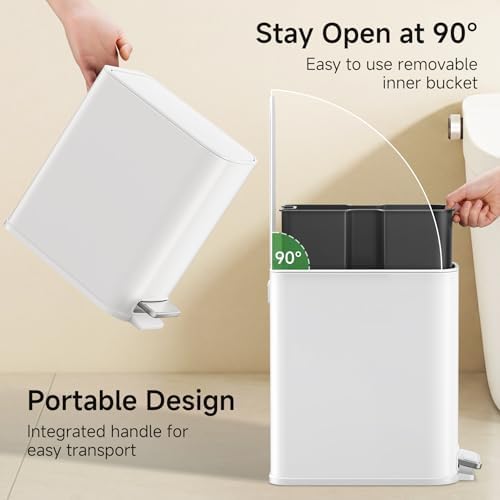 TIPGO Small Bathroom Trash Can with Lid Soft Close,1.3 Gallon, White