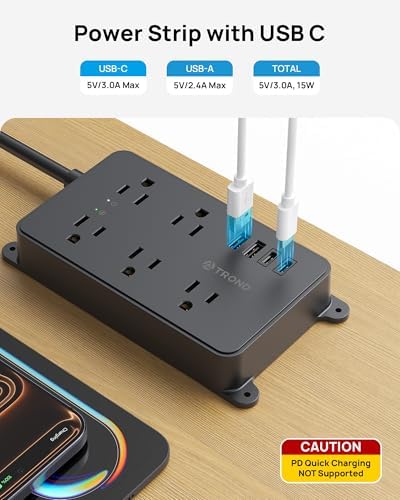 TROND 360° Rotating Flat Plug Power Strip, 3ft Extension Cord, Black