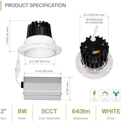 ASD 2 Inch Trimless LED Recessed Ceiling Light Fixture, Mud-in Canless Downlight with Junction Box, 5CCT 2700K-5000K, 8W 643 Lumens, CRI90+, Anti-Glare, Dimmable, IC & Wet Rated, ETL, 18 Pack