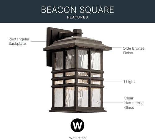 Kichler Beacon Square 14.25" Outdoor Wall Light in Olde Bronze®, 1-Light Exterior Wall Sconce with with Clear Hammered Glass, (14.25" H x 8" W), 49830OZ