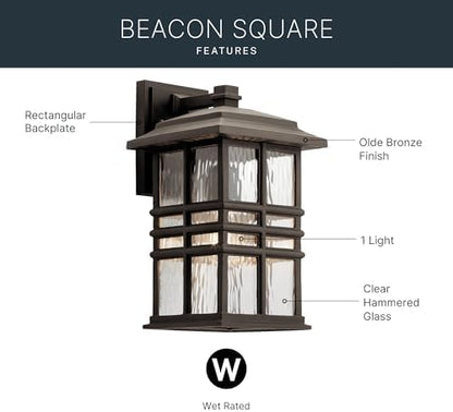 Kichler Beacon Square 14.25" Outdoor Wall Light in Olde Bronze®, 1-Light Exterior Wall Sconce with with Clear Hammered Glass, (14.25" H x 8" W), 49830OZ