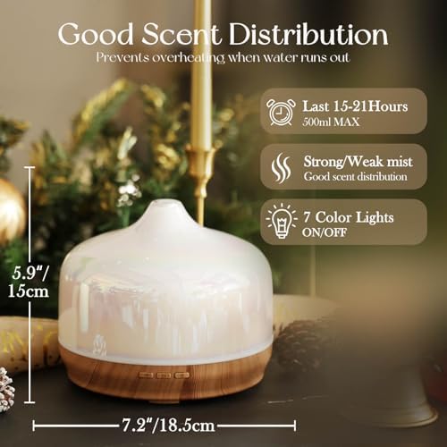 Porseme 500ml Glass Essential Oil Diffuser Aromatherapy Ultrasonic Cool Mist Humidifier 15-21 Running Hours Waterless Auto-Off Air Diffusers for Sleeping Yoga Working Spa(White Jade)