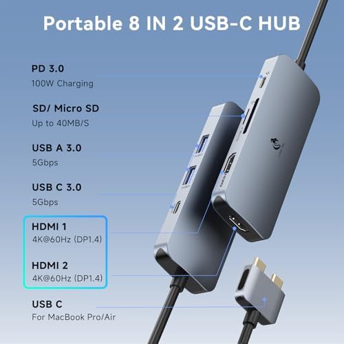 Docking Station for MacBook Pro Air, LIONWEI USB C Docking Station Dual Monitor, Dual HDMI Adapter Hub for Mac MacBook Pro with 2 HDMI, 3 USB 3.0, SD TF Card Reader and 100W PD USB C Charging Port