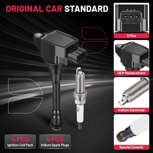 BDFHYK 4 Ignition Coil Pack UF708 and 4 Iridium Spark Plug 91187 Compatible with Nissan NV200 2.0L l4 2013 2014 2015 2016 2017 2018 2019 Coil for IC812 PR4011 PPCUC16 22448-1KT0A 2505-302211