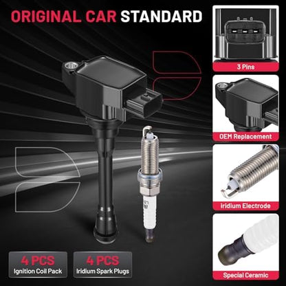 BDFHYK 4 Ignition Coil Pack UF708 and 4 Iridium Spark Plug 91187 Compatible with Nissan NV200 2.0L l4 2013 2014 2015 2016 2017 2018 2019 Coil for IC812 PR4011 PPCUC16 22448-1KT0A 2505-302211